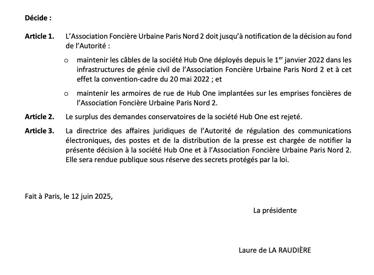 AlexArchambault's tweet photo. Et ce litige entre l'opérateur (#HubOne) et le gestionnaire foncier vient de prendre une nouvelle tournure, devant l'@ARCEP qui, fait rarissime, prononce des mesures conservatoires pour empêcher la dépose des câbles fibre existants
https://t.co/zOKYk7MPGr https://t.co/ra1ZuYct35