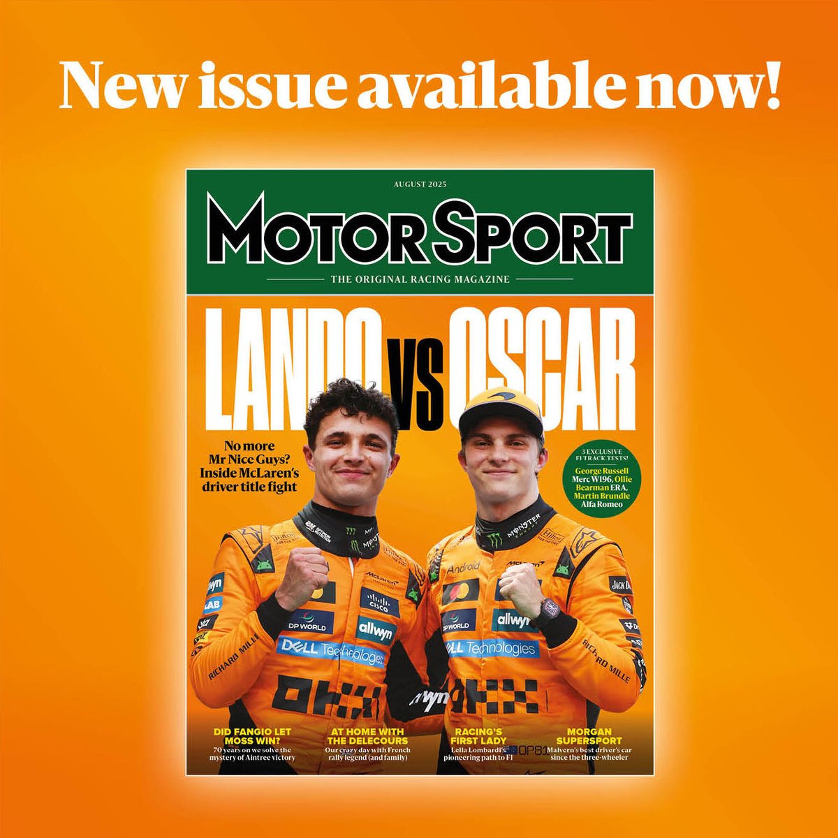 Motor_Sport's tweet image. Lando vs Oscar: Inside McLaren&apos;s #F1 driver title fight 🤜💥🤛

Plus 3 exclusive track tests in our latest issue, with: 
- @GeorgeRussell63 
- Ollie Bearman
- @MBrundleF1 

Available in store, in app and online: go.motorsportmagazine.com/3Tvna2t