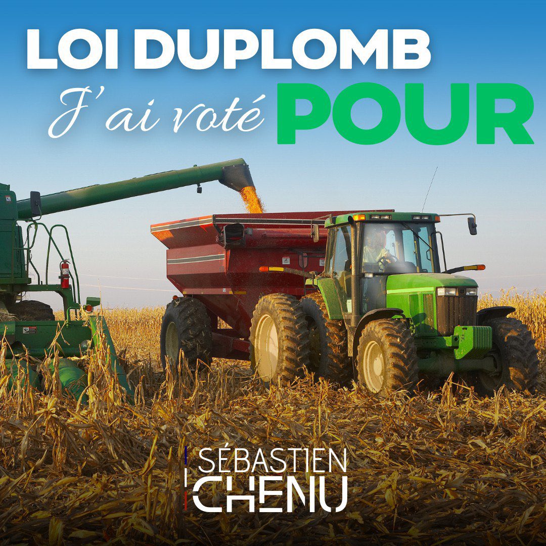 sebchenu's tweet photo. ✅ J’AI VOTÉ POUR LA LOI DUPLOMB ⬇️

Nos agriculteurs n’en peuvent plus. Trop de normes, trop de paperasse, pas assez de soutien : ils sont en train de disparaître. 

La loi Duplomb visait à alléger ce fardeau, à supprimer des règles inutiles imposées par la France (et non par l’Europe !) et à redonner de l’oxygène à ceux qui nous nourrissent.

Pendant ce temps, seuls les députés du Rassemblement National ont continué à défendre jusqu’au bout les vrais besoins des agriculteurs : gestion de l’eau, fin des surtranspositions, simplification des démarches.

Ce vote, c’est un choix : soutenir nos paysans, défendre notre souveraineté alimentaire et refuser la mise à mort de notre agriculture.

Pas d’agriculteurs, pas d’avenir. On ne lâchera rien !