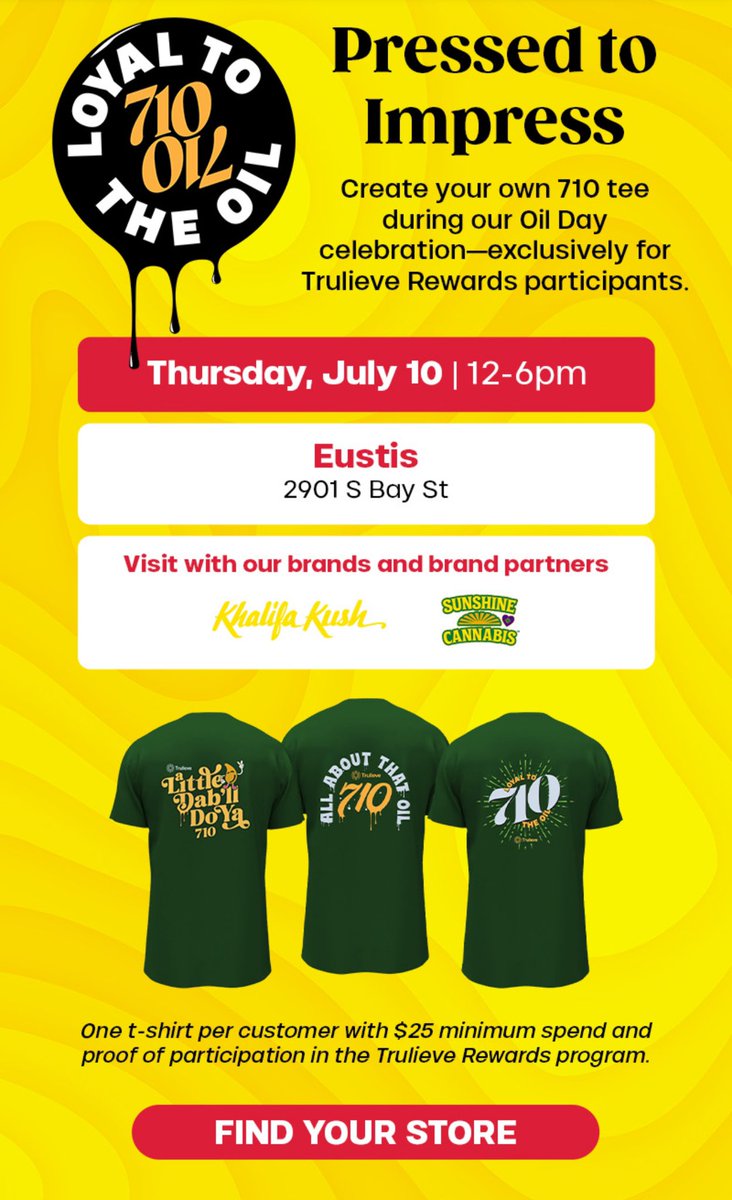 SunshineCannab2's tweet photo. Come kick off the Loyal To The Oil  #Sunshine710 🍯☀️pop-up event tomorrow with your favorite #Florida brand #SunshineCannabis this Thursday, 🚨🤩
July 10th from 12-6pm at these @Trulieve locations 📍💚  Be sure to check our MENU of fresh  #concentrates 🙌🏼🫡 now available in-stores and online. 

Shop now 🛒🌞 https://t.co/70bZz4XHRl