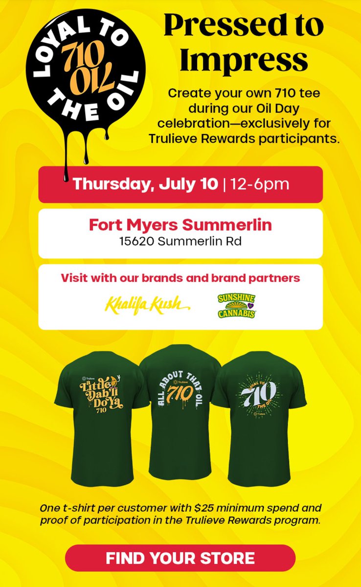 SunshineCannab2's tweet photo. Come kick off the Loyal To The Oil  #Sunshine710 🍯☀️pop-up event tomorrow with your favorite #Florida brand #SunshineCannabis this Thursday, 🚨🤩
July 10th from 12-6pm at these @Trulieve locations 📍💚  Be sure to check our MENU of fresh  #concentrates 🙌🏼🫡 now available in-stores and online. 

Shop now 🛒🌞 https://t.co/70bZz4XHRl