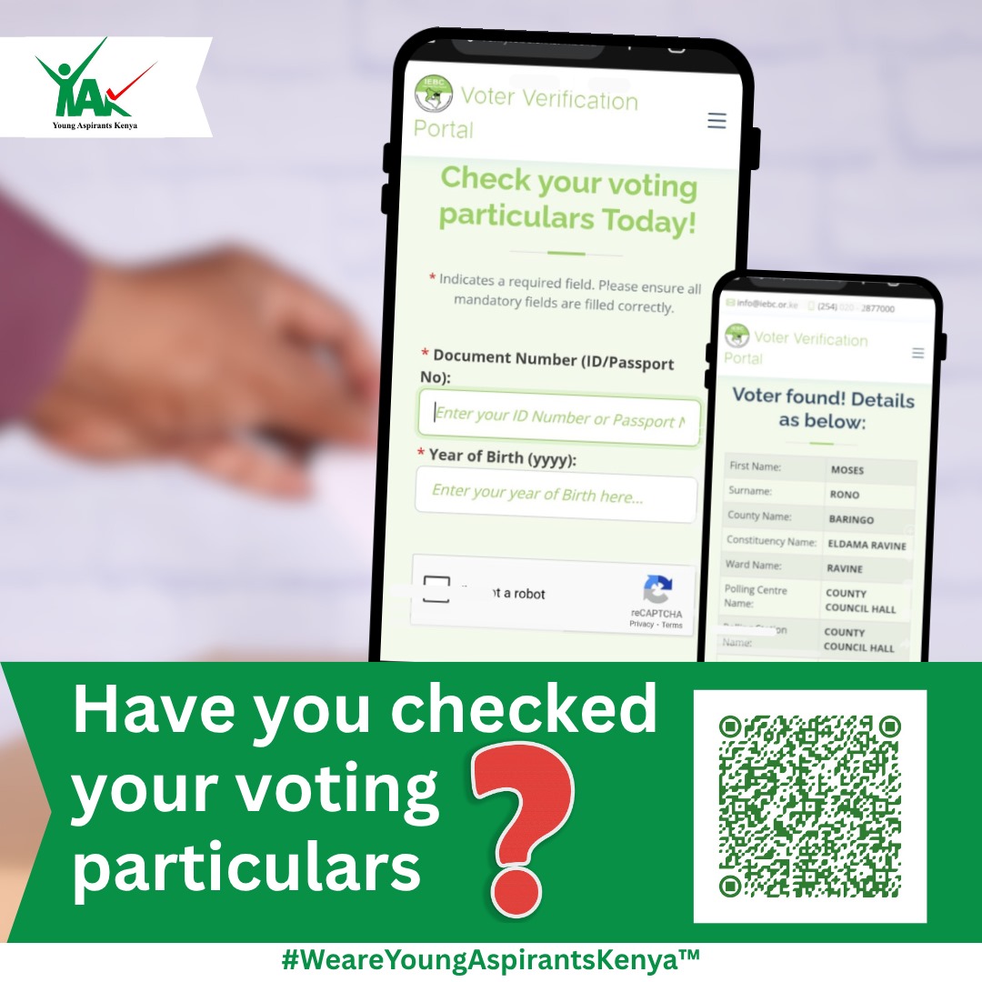 Have you confirmed your voter details?
Ensure you're ready to vote,verify today!

#WeAreYoungAspirantsKenya #VoterVerification #CivicDuty #YouthVoteKE