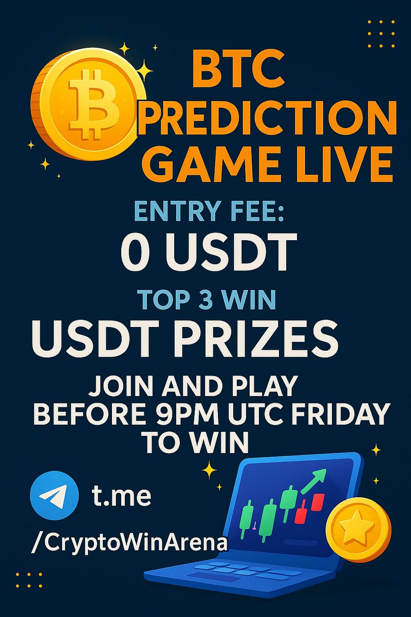 Cryptowinarena's tweet photo. 🎯 BTC Prediction Challenge is LIVE!
📈 Predict Bitcoin's price at 9 PM UTC this Friday
💰 Win Real USDT — No Entry Fee
🕘 Join &amp; Play before 9 PM UTC Friday
🏆 Top 3 get rewarded. Most accurate prediction WINS!
👉 Join now on Telegram: https://t.co/zpdV7qLbpp
#CryptoGaming #USDT https://t.co/VUTqqJiCrg