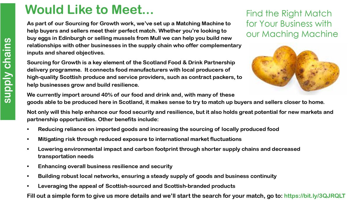 🙏Please spread the word! 🙏 
SOURCING FOR GROWTH (part of the SF&amp;D delivery programme) helps strengthen Scotland’s supply chains, matching manufacturers with local producers/service providers.
Start your match today or find out more about the process at: saos.coop/what-we-do/sup…