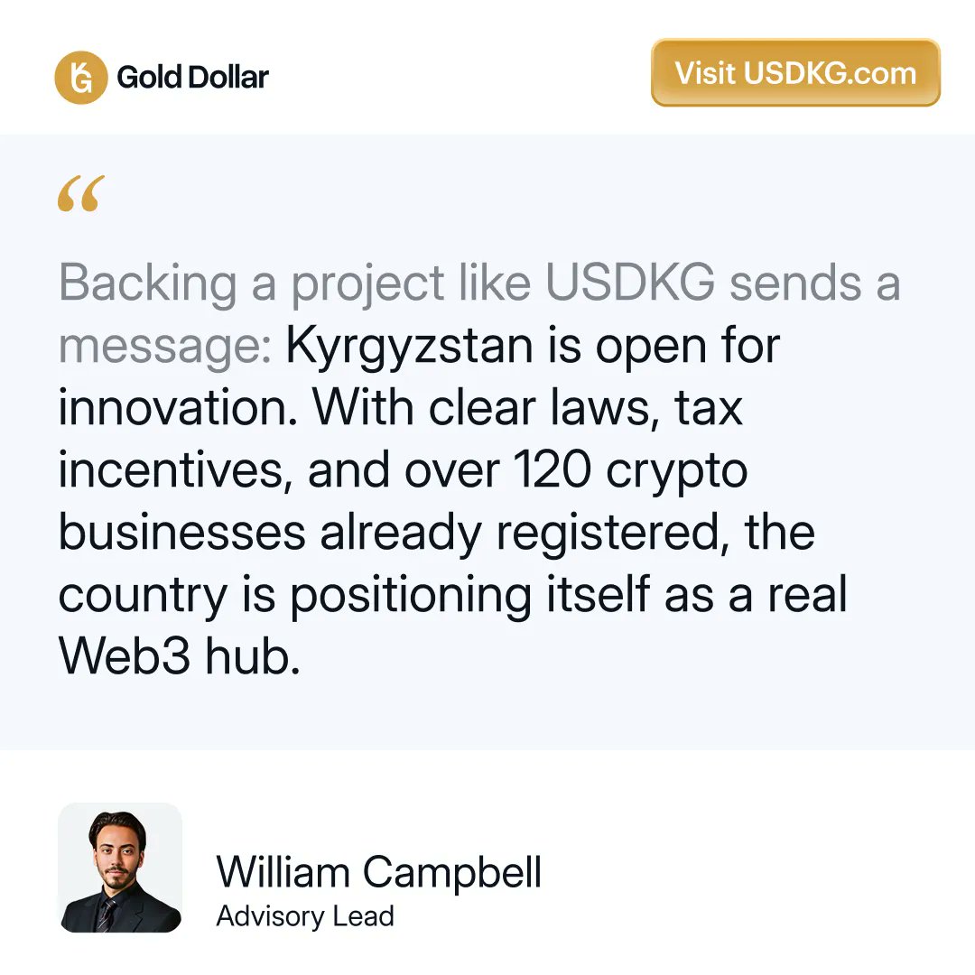 Gold Dollar (@usdkg_official) on Twitter photo Kyrgyzstan is becoming a serious Web3 jurisdictionâwith clear digital asset laws, tax incentives, and over 120 crypto firms registered.
<a href="/WillSolarShare/">WilliamSaintLaurent</a> spotlights how $USDKG reflects this regulatory momentum. Kyrgyzstan is becoming a serious Web3 jurisdictionâwith clear digital asset laws, tax incentives, and over 120 crypto firms registered.
<a href="/WillSolarShare/">WilliamSaintLaurent</a> spotlights how $USDKG reflects this regulatory momentum.