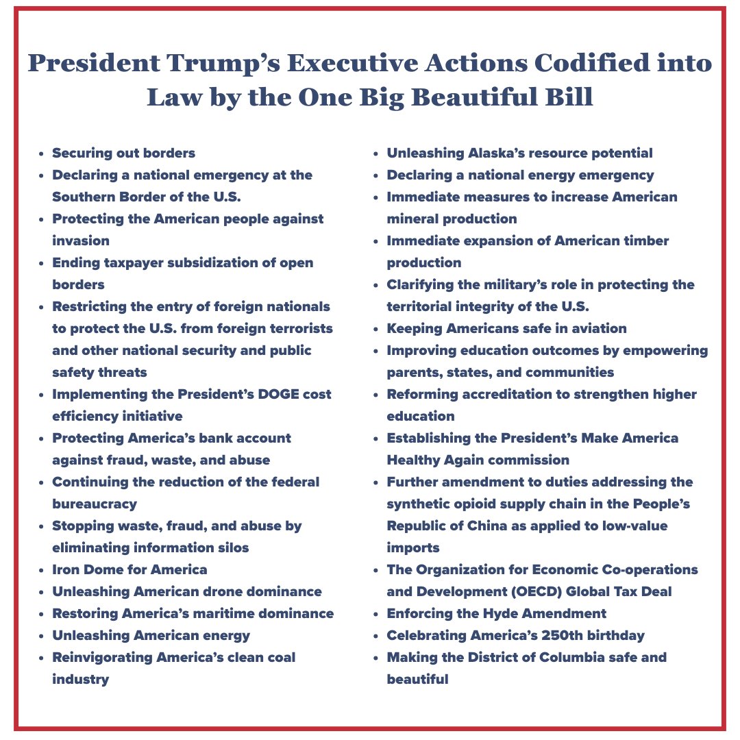 RepDavidRouzer's tweet image. The One Big Beautiful Bill codifies 28 of President Trump’s executive actions, turning his strong leadership into lasting law! This is a big win for American families, small businesses, and the future of our great nation!