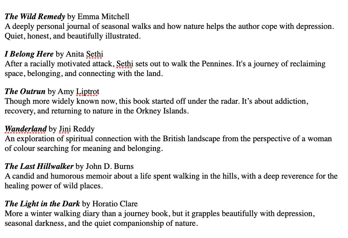 foxlanebooks's tweet photo. Like many, I’m saddened by the revelations about The Salt Path, so it feels like a good moment to celebrate some brilliant books about walking, healing, self-discovery, and exploring the UK. 

These books haven’t always received the same attention and deserve their time in the sun. 

Not a complete list - more recommendations welcome!🥾📚
#NatureWriting #TravelMemoir #HealingJourneys #SelfDiscovery #AmReading #BookRecommendations #OutdoorLit