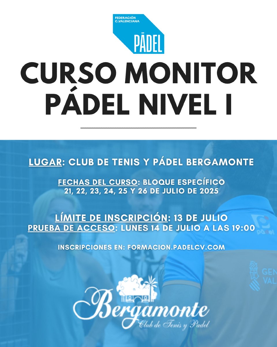📢 ¡Atención padeleros! Llega el mejor intensivo del verano, el curso de monitor nivel 1 de Bergamonte.

🎯 ¡Haz de tu pasión tu trabajo y únete a nuestros cursos. Obtén las habilidades necesarias para enseñar y la TITULACIÓN OFICIAL para poder trabajar de ello con nosotros.