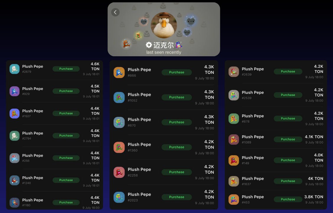 BREAKING: a whale from Chinese speaking Community swept the floor of Plush Pepe NFTs from 3.8k TON to 4.6k TON with 20 buys in just a minute.

Total spent: 85,100 $TON (~$240,000)