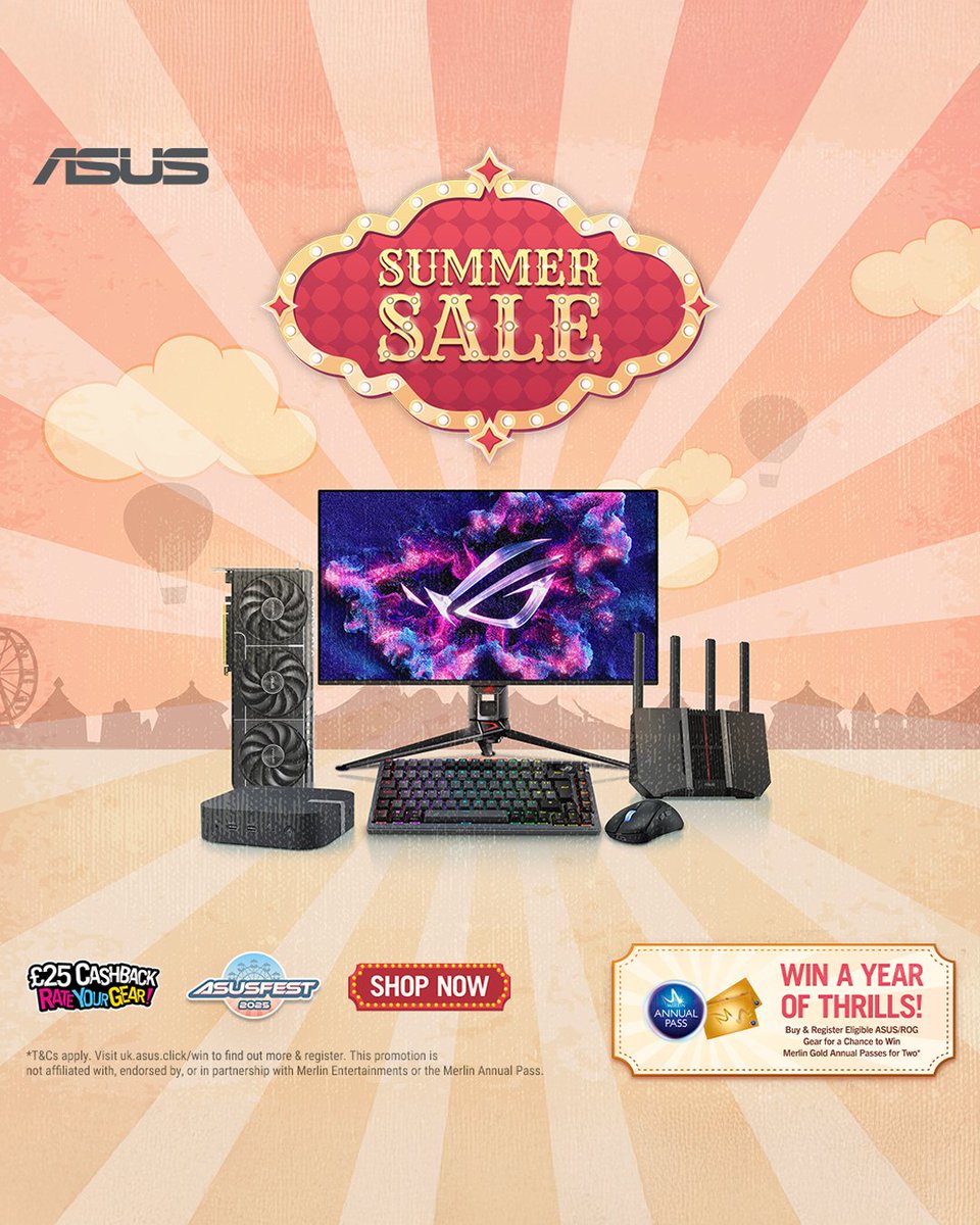 awdit's tweet image. 🎡 ASUSFEST is here and it's bringing more than just deals.
Buy selected ASUS gear from us between July 8th and August 8th, register it to your ASUS VIP account, and you're in the draw to win 2 Merlin Gold Passes.
That’s every Merlin theme park. All year. Free.
No extra steps.…