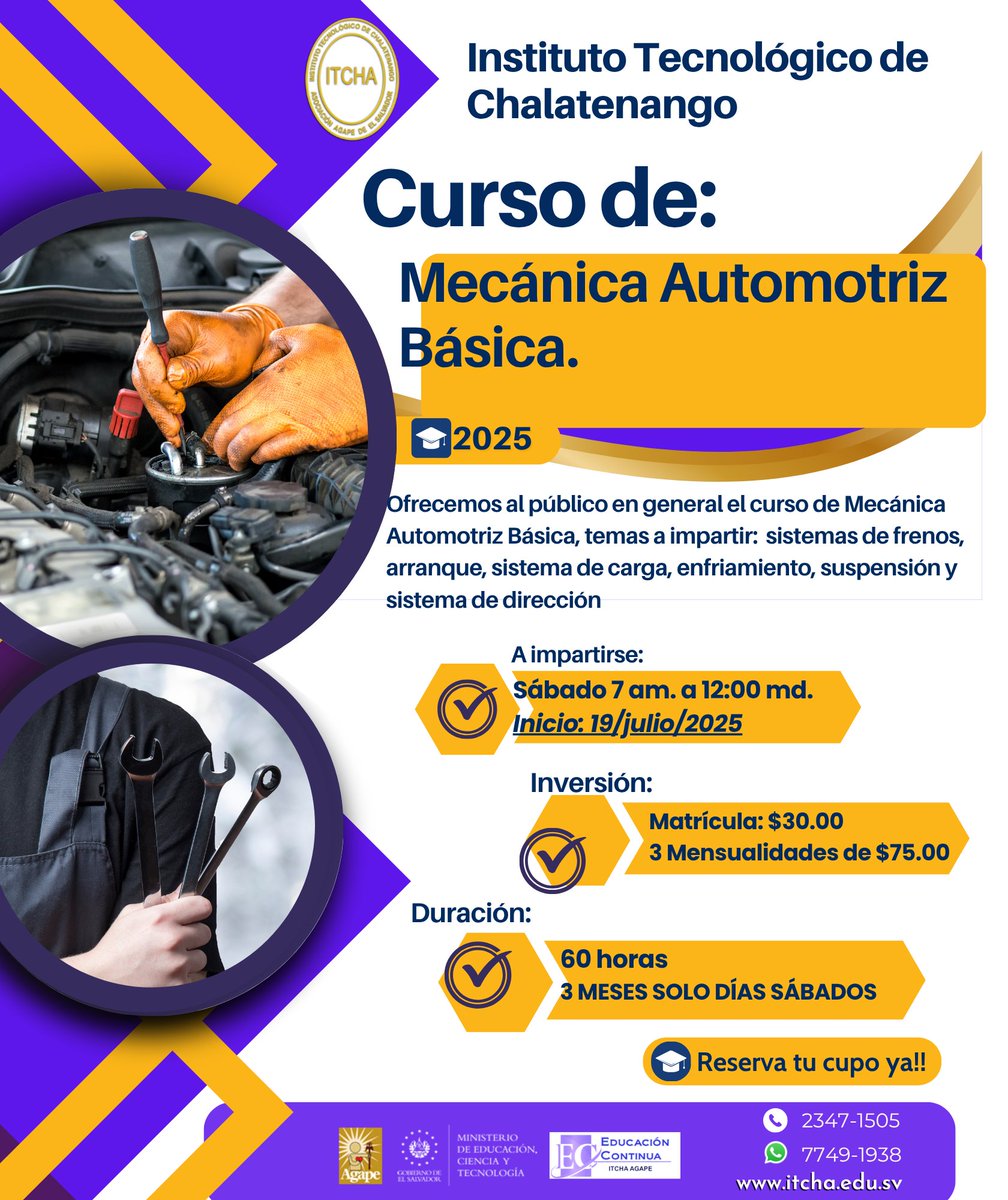 #ITCHA_CursoMecánica | El curso que habías estado esperando, no te pierdas esta oportunidad, Curso de Mecánica Automotriz Básica

¡RESERVA TU CUPO!
Comunícate con nosotros al Tel.: 2347-1505 y Cel.: 7749-1938

#Curso #EducaciónContinua #ITCHA #Mecánica #Automotriz #SúmatealaU