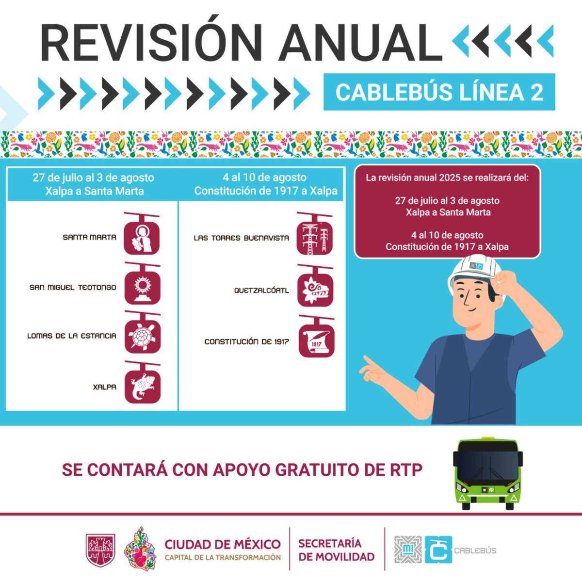 Secretaría de Movilidad CDMX (@lasemovi) on Twitter photo 🚡Del 27 de julio al 10 de agosto inicia la revisión anual en Línea 2 de <a href="/MICablebusCDMX/">Cablebús CDMX</a>.
🚎 Habrá servicio de apoyo con unidades de <a href="/RTP_CiudadDeMex/">Red de Transporte de Pasajeros-RTP</a> 🚡Del 27 de julio al 10 de agosto inicia la revisión anual en Línea 2 de <a href="/MICablebusCDMX/">Cablebús CDMX</a>.
🚎 Habrá servicio de apoyo con unidades de <a href="/RTP_CiudadDeMex/">Red de Transporte de Pasajeros-RTP</a>