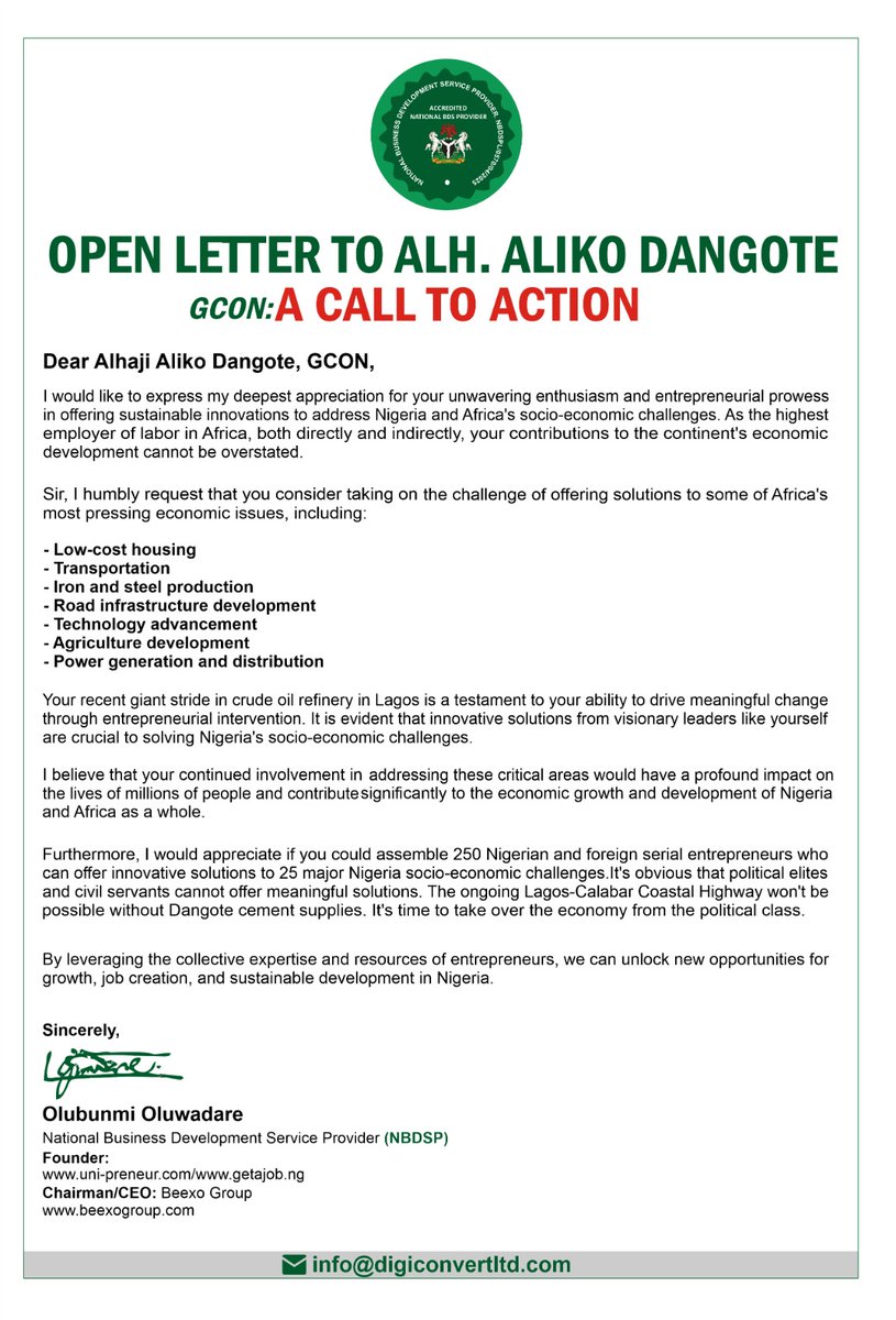 Open Letter to Alhaji Aliko Dangote,GCON. 
<a href="/AlikoDangote/">Aliko Dangote</a> <a href="/DangoteGroup/">Dangote Group</a> <a href="/OjyOkpe/">OJY OKPE</a> <a href="/TemiOtedola/">Temi Otedola</a> <a href="/realFemiOtedola/">Femi Ote$</a>