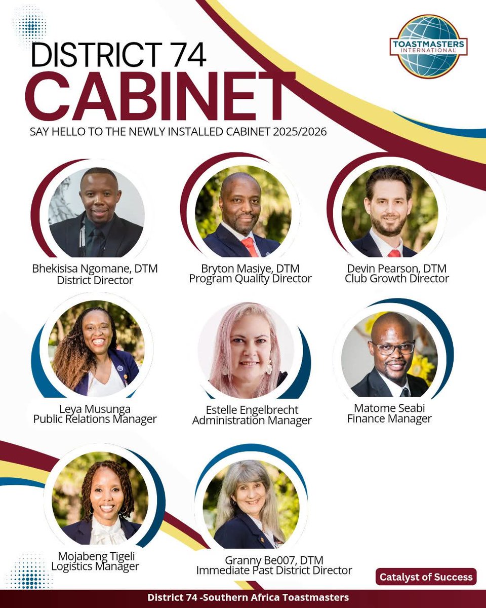A warm welcome to the newly inducted District 74 Toastmasters cabinet! 🎉 
Here’s to a year of growth, leadership, and unforgettable connections as we all become catalysts of success! 🚀

#District74 #Toastmasters
#Catalystofsuccess