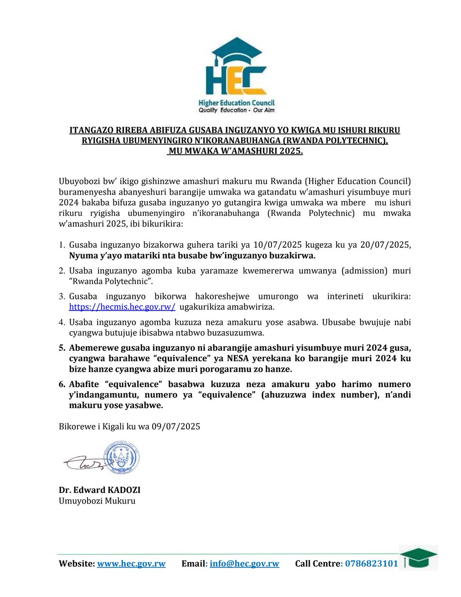 HEC Rwanda (@hec_rwanda) on Twitter photo Itangazo ryo gusaba inguzanyo yo kwiga muri Politekiniki y'u Rwanda <a href="/RwandaPolytec/">Rwanda Polytechnic</a> mu mwaka w'amashuri 2025. Gusaba Kanda hano: hecmis.hec.gov.rw
Gusaba inguzanyo bizakorwa guhera tariki ya 10/07/2025 kugeza ku ya 20/07/2025. Itangazo ryo gusaba inguzanyo yo kwiga muri Politekiniki y'u Rwanda <a href="/RwandaPolytec/">Rwanda Polytechnic</a> mu mwaka w'amashuri 2025. Gusaba Kanda hano: hecmis.hec.gov.rw
Gusaba inguzanyo bizakorwa guhera tariki ya 10/07/2025 kugeza ku ya 20/07/2025.
