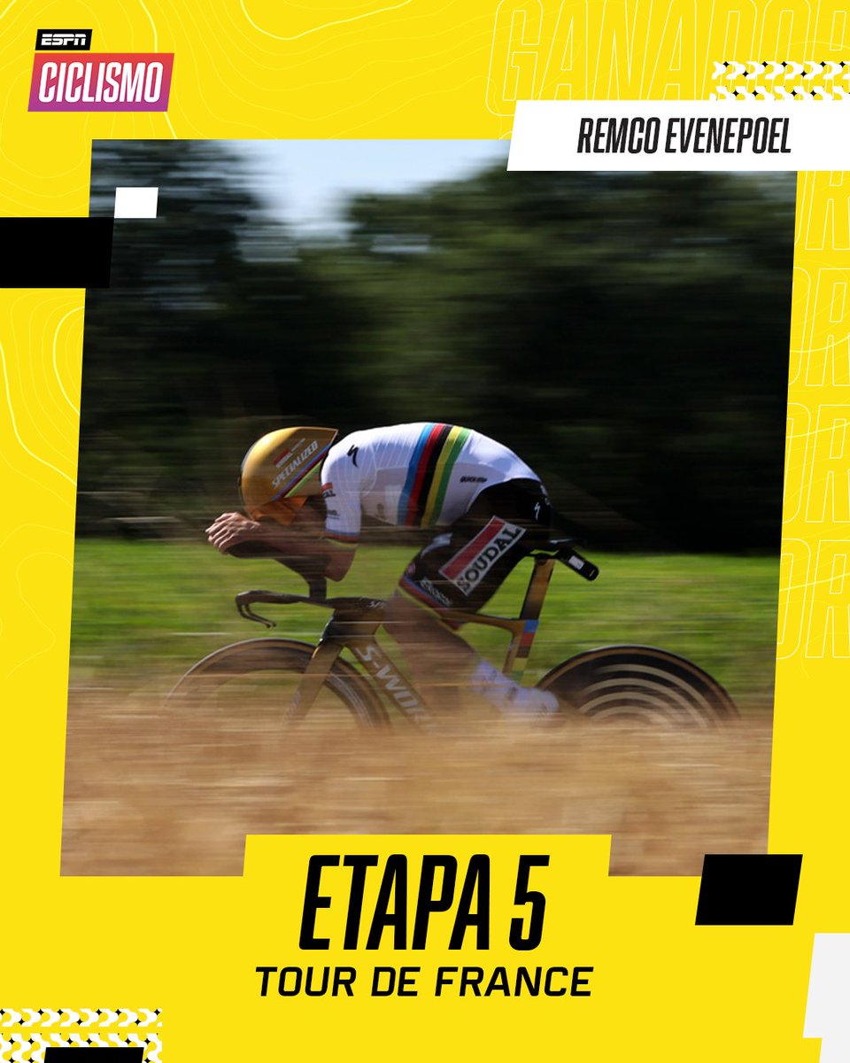 ESPNCiclismo's tweet photo. ¡ES TIEMPO DE QUE BRILLE REMCO! ⏱️✨
#Evenpoel ganó la Etapa 5 de #TDF2025 gracias a una crono fenomenal en la que le metió 16" a #Pogacar, quien fue segundo, y más de un minuto a #Vingegaard. ¿Quién completó el podio? #Affini. https://t.co/k5HbCnQQUg