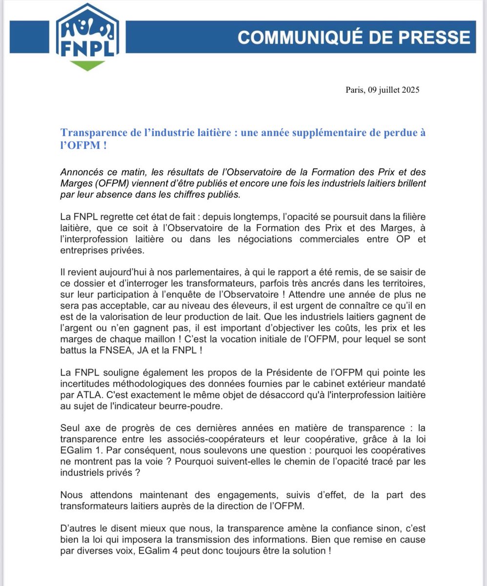 Transparence de l’industrie laitière : une année supplémentaire de perdue à l’OFPM ! #opfm #ceuxquifontlelait #cellesquifontlelait