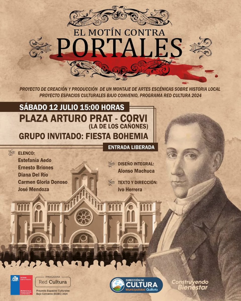 epi_centro_dig's tweet photo. ¡Atención Quillota! Este sábado, no te puedes perder "El Motín contra Portales" en la Plaza de los Cañones a las 15:00 horas. Un evento de teatro callejero imperdible. Más info aquí: https://t.co/6f6ANZDt36 #Quillota #TeatroCallejero https://t.co/RBNwglurJS