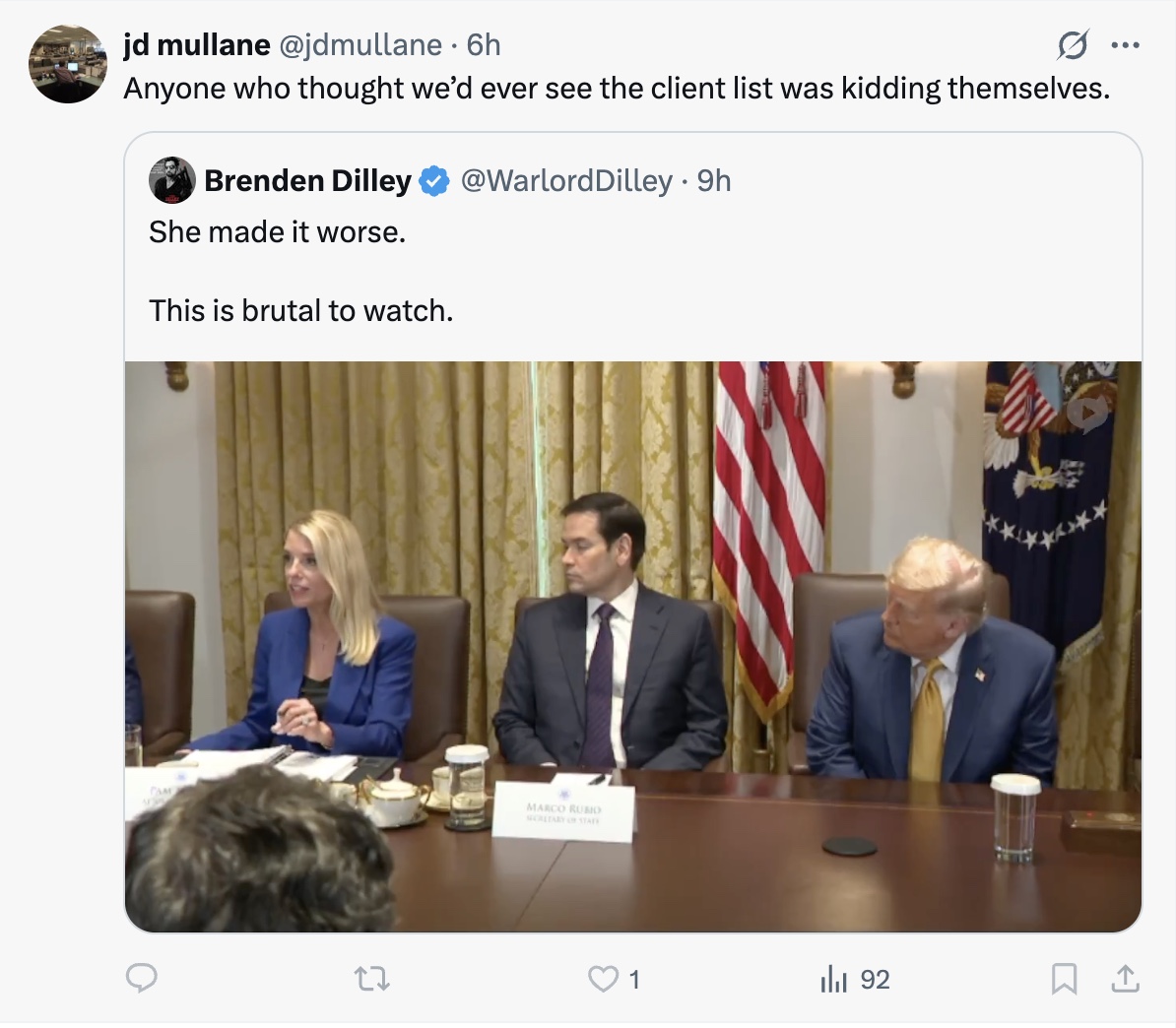 Here's <a href="/USATODAYNETWORK/">USA TODAY NETWORK</a> <a href="/TheIntellNews/">Bucks County Courier Times</a> reporter <a href="/jdmullane/">jd mullane</a> in 2023: "We want every name" on the Epstein list. Here's Mullane in 2025: "Anyone who thought we’d ever see the client list was kidding themselves."