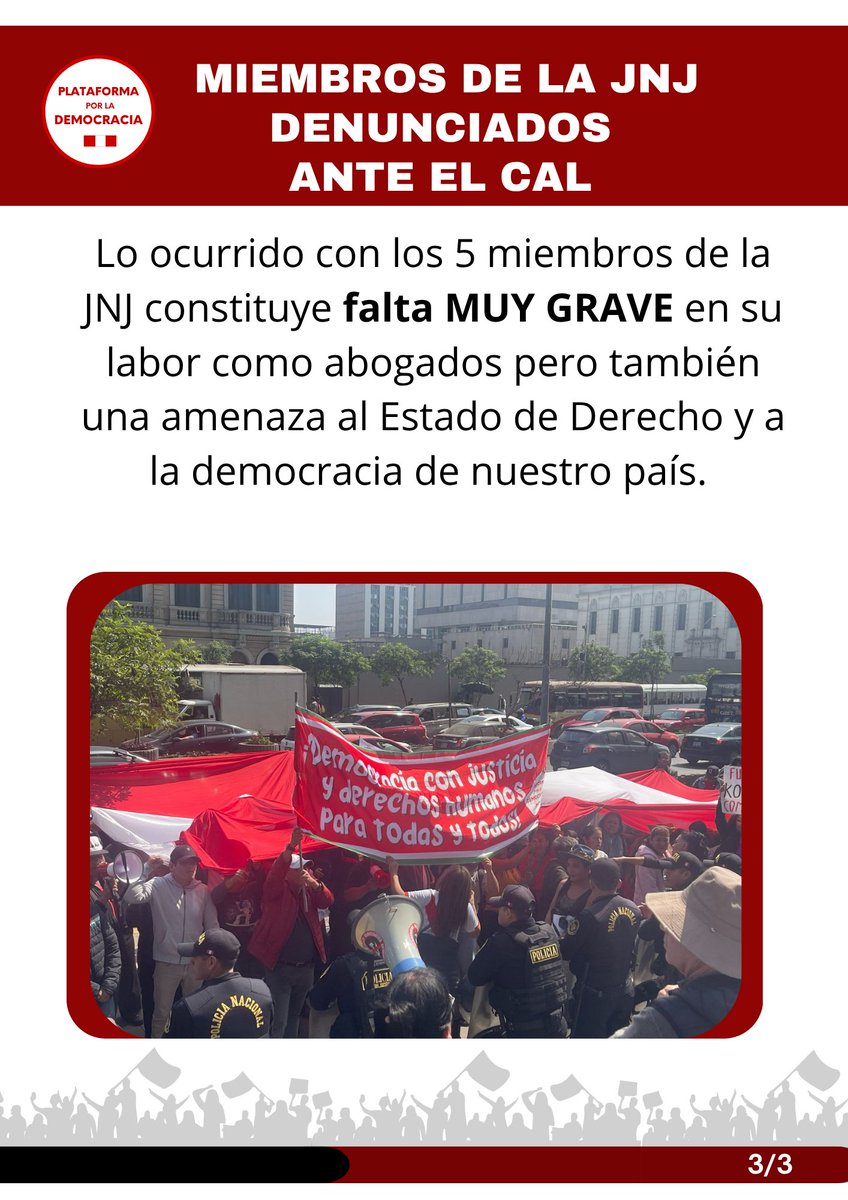 🚨 #ALERTAI La sociedad civil denuncia a 5 integrantes de la JNJ por ordenar que Patricia Benavides sea Fiscal de la Nación de facto, violando la Constitución y la Ley. #IDL, <a href="/cnddhh/">CNDDHH 🇵🇪 #NiUnMuertoMás</a> y  La Plataforma de la Democracia exigen su expulsión del Colegio de Abogados de Lima