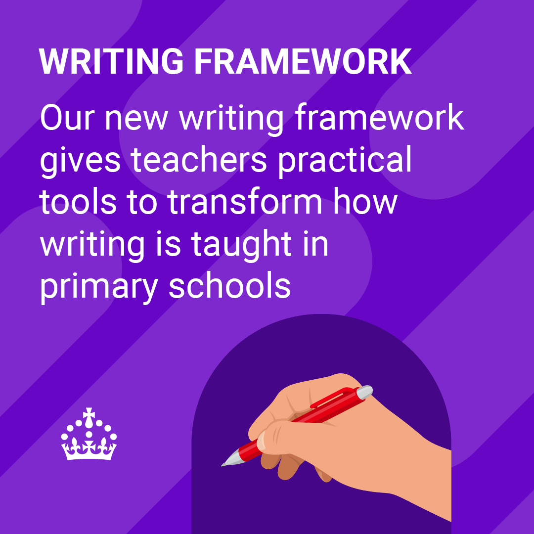 educationgovuk's tweet photo. Too many children leave primary school without essential writing skills. Our new framework will build a nation of confident writers - part of our Plan for Change mission to break the link between children's backgrounds and their future success.