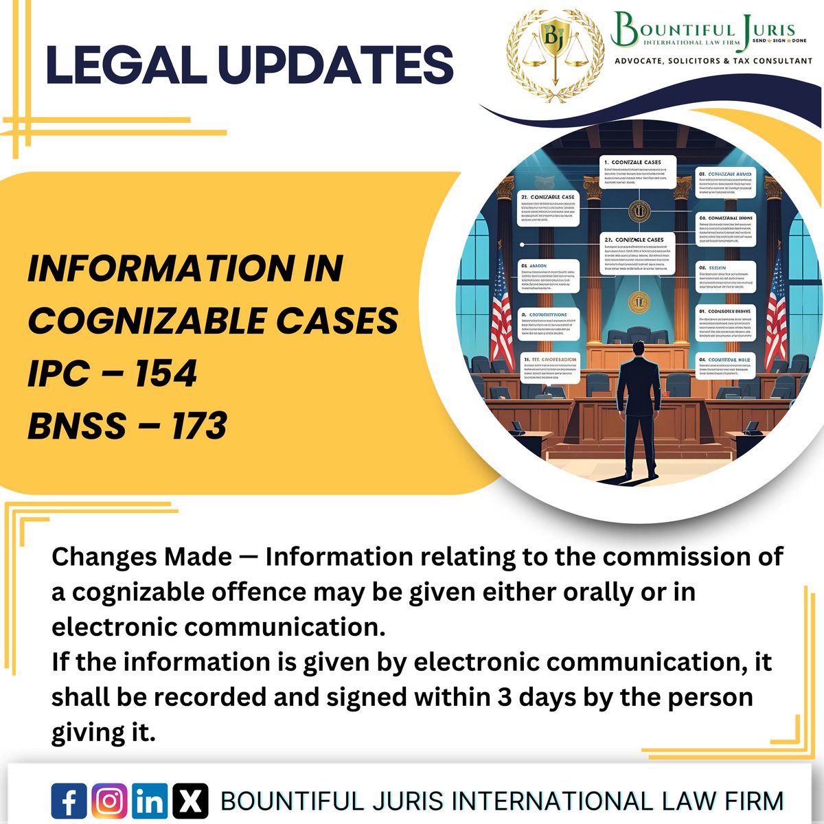 Bountiful_Juri's tweet photo. Legal Updates

INFORMATION IN COGNIZABLE CASES
IPC – 154
BNSS – 173
.
Follow Us For More Updates 
.
.
.
.
#bnss #ipc #sections #records #signs #oralrecordings #electroniccommunication #bountifuljuris https://t.co/YHZqkFSLcc