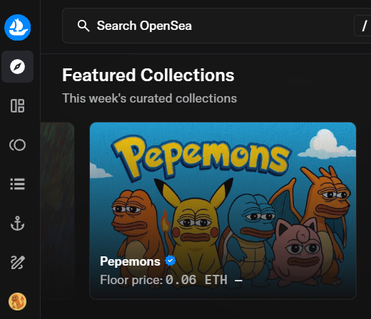 Pepemons at the Featured Collection shelf on <a href="/opensea/">OpenSea</a>  🌊🫶🐸⚡️
