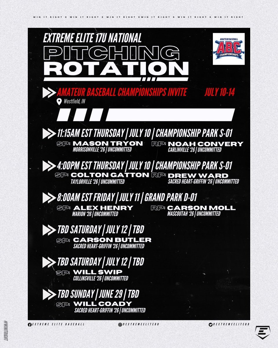 Extreme Elite Baseball (@extremeelitebb) on Twitter photo Good luck to 17U National at the ABC Invite this week! Rotation below โฌ๏ธ
<a href="/Bullpenevents/">Bullpen Tournaments</a> Good luck to 17U National at the ABC Invite this week! Rotation below โฌ๏ธ
<a href="/Bullpenevents/">Bullpen Tournaments</a>