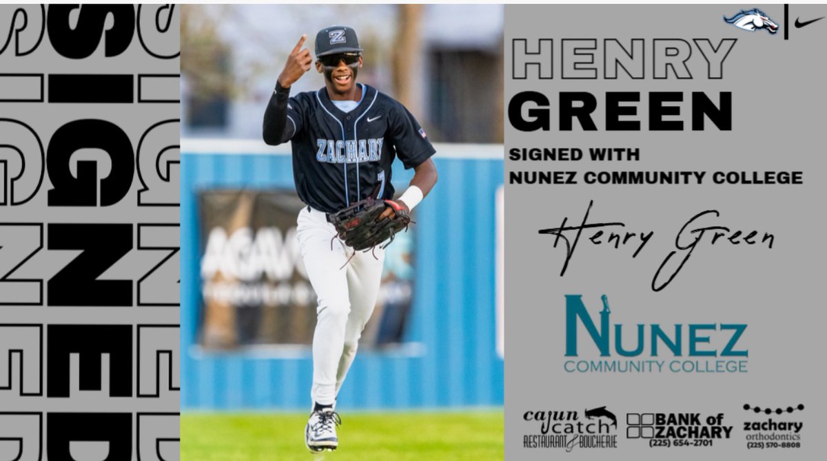 Zachary Baseball (@_zhsbaseball) on Twitter photo Congratulations to Henry Green on signing with Nunez Community College. Congratulations to Henry Green on signing with Nunez Community College.