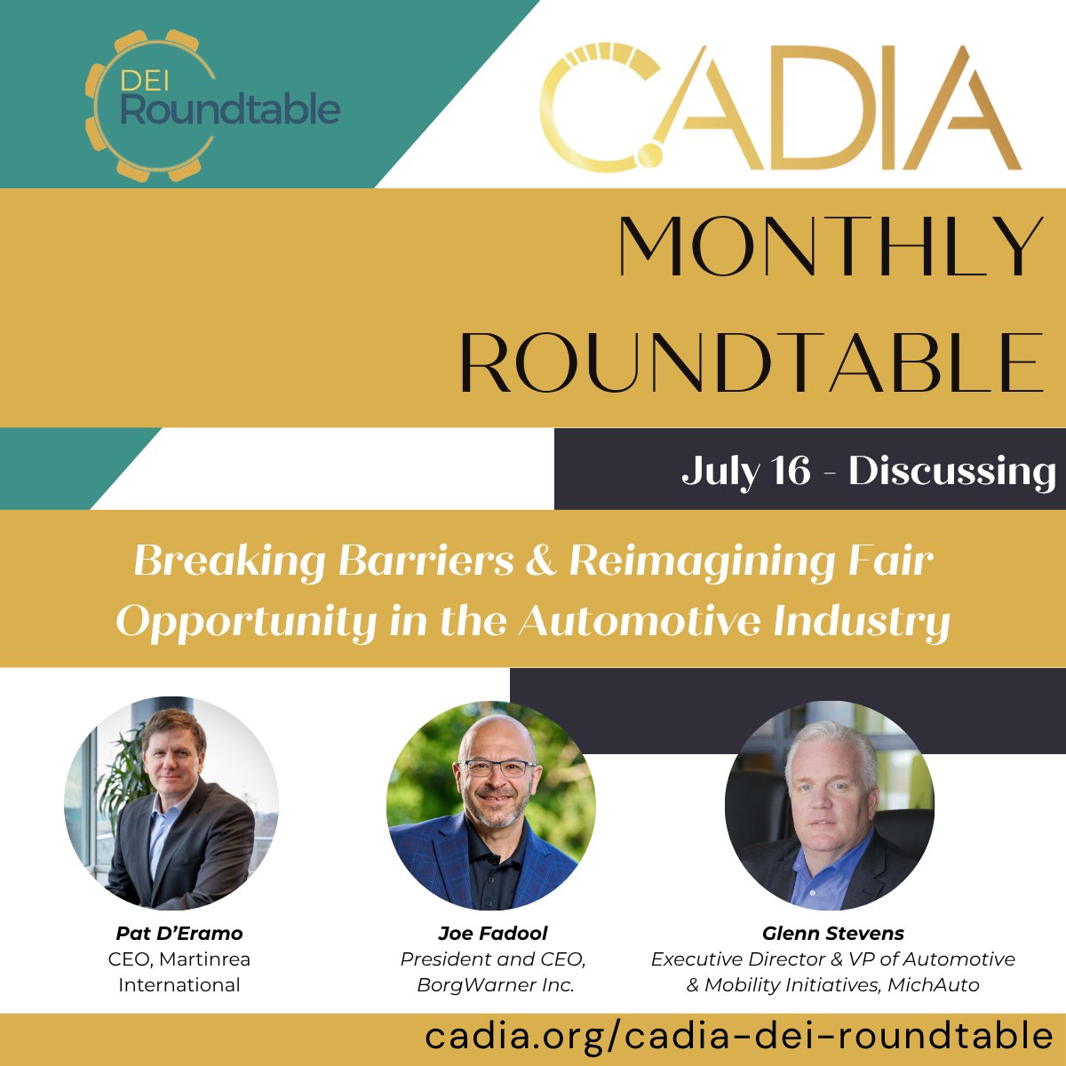 MichAuto's tweet image. Join our partners at CADIA on July 16 for an insightful panel discussion on tariffs, the automotive industry, and business growth.
Business leaders Pat D'Eramo of Martinrea International,, Joe Fadool of BorgWarner Inc., and our very own Glenn Stevens Jr. will provide actionable…
