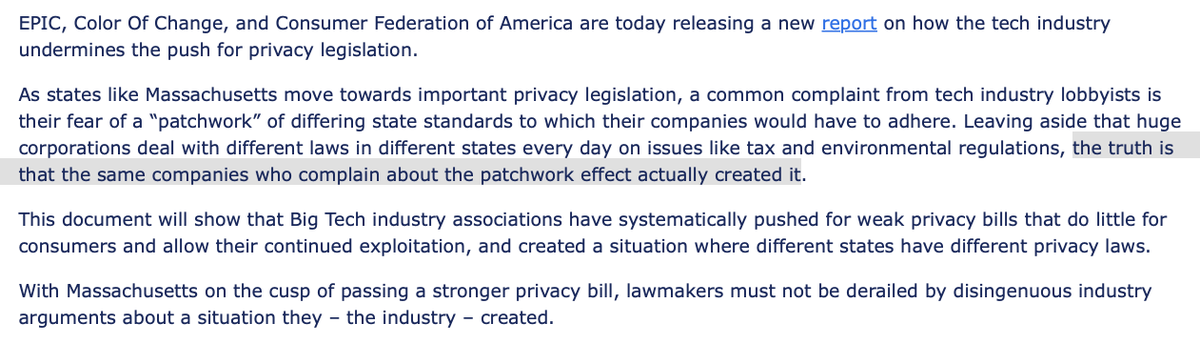 joejerome's tweet image. Nice report from @ConsumerFed @EPICprivacy @ColorOfChange on the tech industry’s playbook to oppose privacy rights state-by-state: