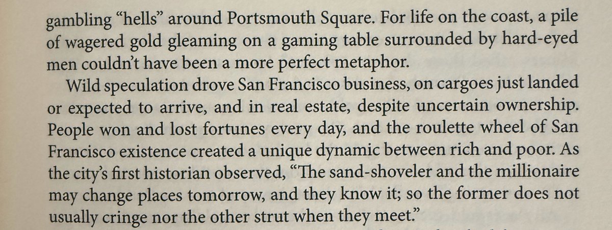 wisercharlie's tweet photo. San Francisco has always been a place where people from around the world and from all walks of life go seeking to strike it rich

Gold, silver, semiconductors, biotech, software/AI

Many cities boom and fade; but in SF, the entrepreneurial spirit endures. It’s a powerful network effect

Wild speculation is in the city’s DNA. SF has always been a startup city.

And socially, it’s long been a magnet for fresh starts: from Chinese, Irish, and Italian immigrants to the Beats, hippies, and the gay community.

As @GregoryCrouch puts it: “A man’s past meant nothing in San Francisco. The city simply had no past. A man’s worth depended on who he was today, and what he might do tomorrow.”

Great read: The Bonanza King: John Mackay and the Battle over the Greatest Riches in the American West