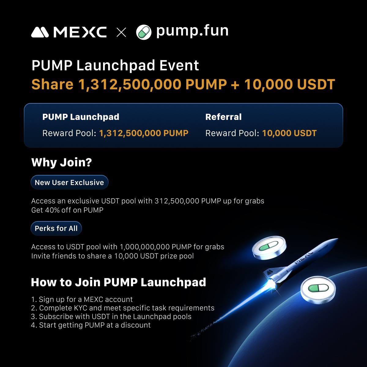 $PUMP Launchpad Has Landed on MEXC,  Special event for all $PUMP Degens!🚀

Tokens like PNUT and MOODENG made legends overnight.
Now it's your turn, only on MEXC's $PUMP Launchpad.🎉

New User Perks:
Get 40% OFF $PUMP, as wild as MEXC's craziest launches
Access an exclusive
