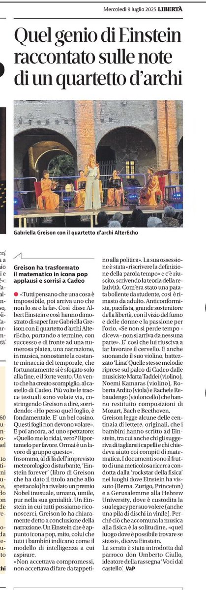 🗞️ Con questo articolo abbiamo la prova che non è stata un’allucinazione collettiva a base di zanzare e corrente elettrica statica: è successo davvero.
Spettacolo EINSTEIN FOREVER con finale lampi, tuoni e temporale bellissimo...e noi io, ferme, fino alla fine, eroiche. 🥰