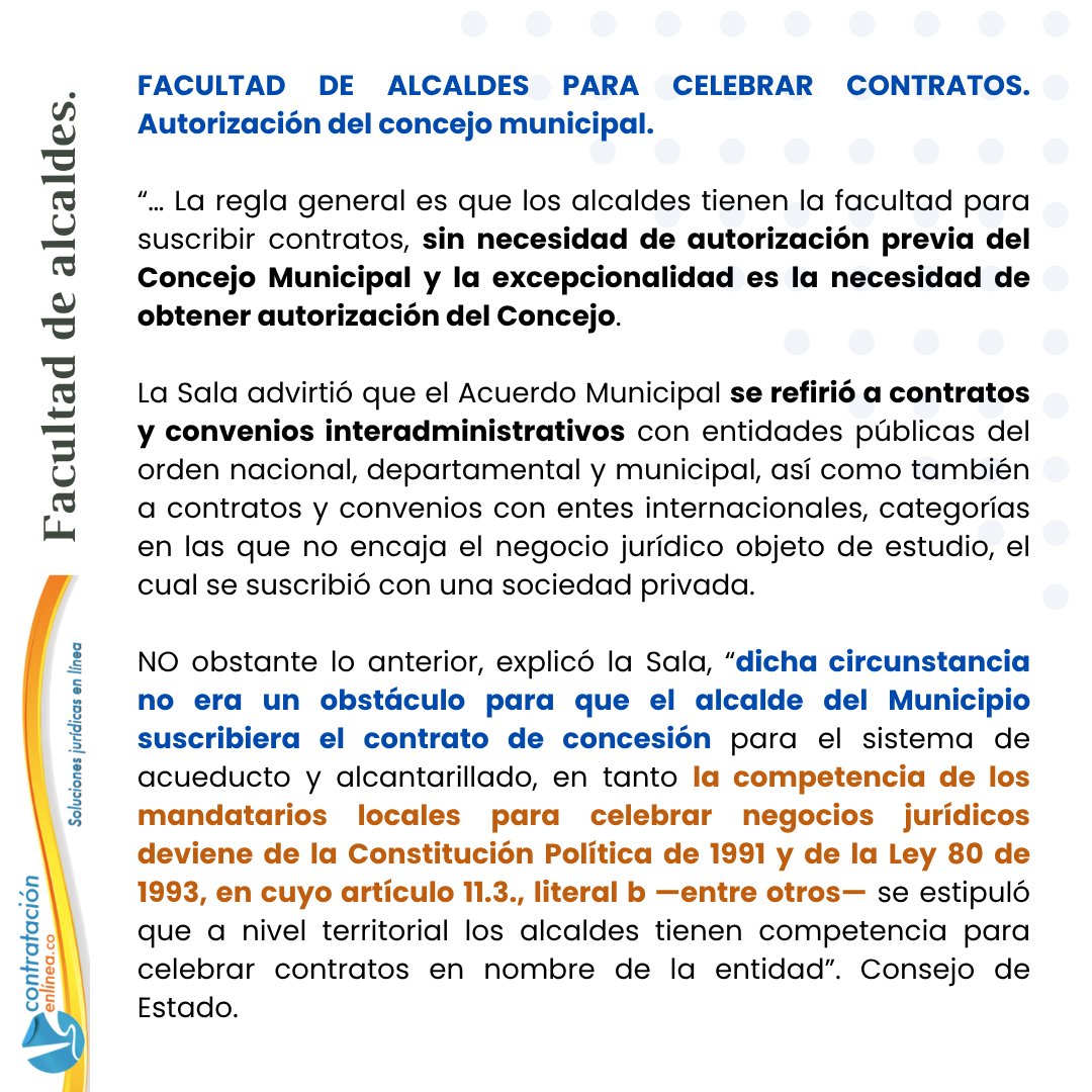 contrataenlinea's tweet photo. 📧 FACULTAD DE ALCALDES PARA CELEBRAR CONTRATOS. La regla general es que los alcaldes tienen la facultad para suscribir contratos SIN necesidad de autorización previa del Concejo, y la excepcionalidad, es la necesidad de obtener autorización del Concejo https://t.co/Wdh6BqOZ4c https://t.co/eroSeWab2b