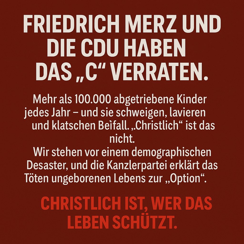 Wir stehen vor einem demografischen Desaster. Deutschland stirbt leise – Jahr für Jahr weniger Geburten, immer mehr Abbrüche. Über 100.000 Abtreibungen pro Jahr. In einem der (angeblich) reichsten Länder der Welt. Statt jungen Menschen Verantwortung und Lebensmut zu vermitteln,
