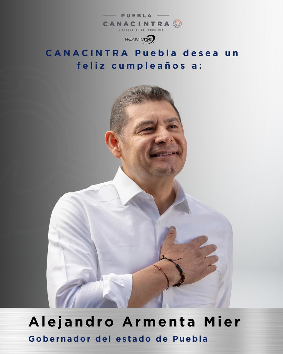 Canacintra Puebla (@canacintrap) on Twitter photo CANACINTRA Puebla felicita con aprecio a Alejandro Armenta Mier (<a href="/armentapuebla_/">Alejandro Armenta</a> ),
Gobernador Constitucional del Estado de Puebla,
con motivo de su cumpleaños.
Le deseamos un año lleno de salud, éxito y nuevas oportunidades, reconociendo su liderazgo y compromiso con el CANACINTRA Puebla felicita con aprecio a Alejandro Armenta Mier (<a href="/armentapuebla_/">Alejandro Armenta</a> ),
Gobernador Constitucional del Estado de Puebla,
con motivo de su cumpleaños.
Le deseamos un año lleno de salud, éxito y nuevas oportunidades, reconociendo su liderazgo y compromiso con el