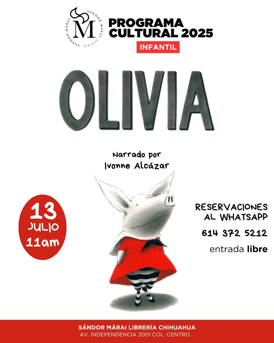 SandorMaraiLib's tweet image. ✨🐷 Este domingo ven a conocer a Olivia, la cerdita más divertida: canta, pinta, sueña y da lata. 🎨 Ivonne Alcázar te contará su historia. Domingo 13 de julio, 11 h, entrada libre, en Sándor Márai Librería. 📍 Av. Independencia 2001. ¡Te esperamos!