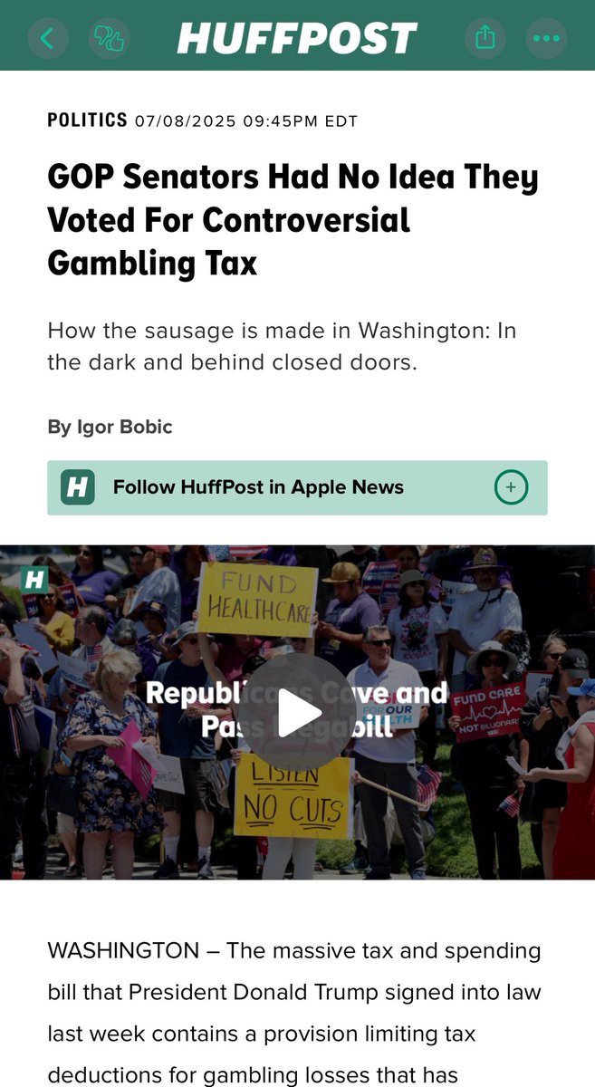 Fingers crossed the opposition is successful in getting the controversial gaming provision struck from the Big Beautiful Bill next week.

More info on what’s expected here ⬇️

apple.news/ArjuohO4yS5O6-…