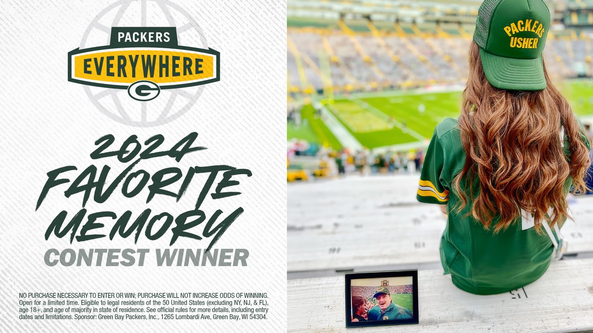 packeverywhere's tweet image. Our 2024 Packers Everywhere Favorite Memory Contest winner! 🎉
Share your 📸 & favorite Packers memory for a chance to be this year's winner!
➡️ pckrs.com/gasy0dqs