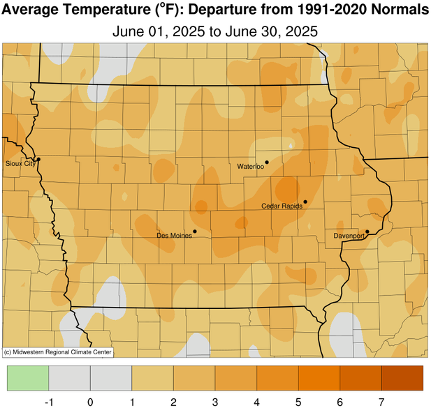 JustinMGlisan's tweet photo. June 2025 Temperature Summary: #Iowa's average temperature was 72.2 degrees, while the 30-year climatological normal is 69.9 degrees (+2.3 degrees). This ranks as the 24th warmest June in 153 years of statewide records; 2021 was warmer. (1/2) #IowaClimate #IowaAg #grow25 https://t.co/BWuvhlEJYz