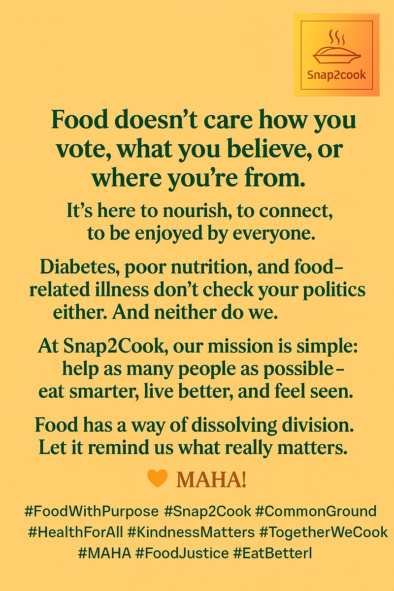 snap2cook's tweet image. Diabetes, obesity, or rising grocery bills doesn’t care about your politics.
At @Snap2Cook, we’re focused on one thing: helping people eat smarter, live better, & feel seen.
MAHA is not just a movement it’s a mission.
Let’s fix food together. 🧡
#FoodWithPurpose #MAHA