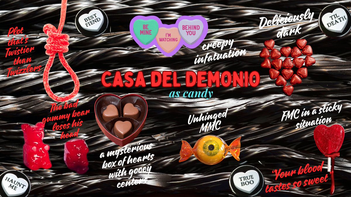 sanchez_m_m's tweet photo. Guys....this is Michelle's husband again, and I'm really worried now.

She told me she writes romcoms, but I found this "thing" in her Canva account and she's into some weird stuff.

What the heck is the meaning of a graphic with CASA DEL DEMONIO--as candy?!?!

What did that gummy bear ever do to her? And what's with those menacing heart candies?! That noose....😱

I'm too scared to look at her internet search history...

:::::shudder::::

#YA #Gothic #horror #agented #unhingedpit