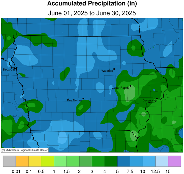 JustinMGlisan's tweet photo. June 2025 Precipitation Summary: #Iowa's average precip. was 5.89”, 0.63” above normal. This ranks as the 37th wettest on record; Jun. is the climatological wettest month of the year. Moderate drought (D1) covers 5% of #IA, down 8% from May. (2/2) #IowaClimate #IowaAg #grow25 https://t.co/qRx2t8kPOf
