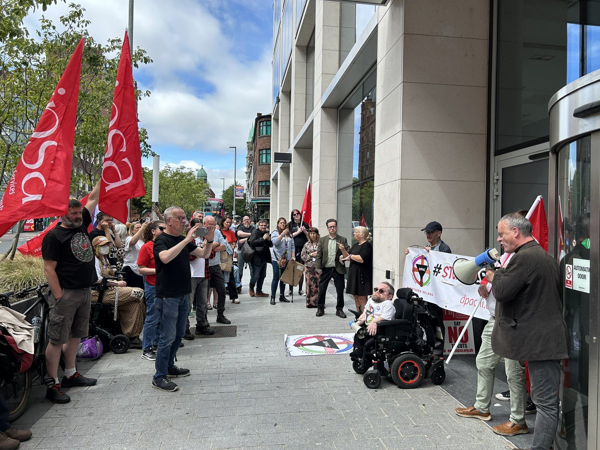 On the day <a href="/UKLabour/">The Labour Party</a> MPs will likely vote through cuts to disability benefits we gathered outside the NIO to send a clear message.

An attack on one is an attack on all, we will continue to work with our allies to fight Starmer’s cuts.

<a href="/DPACNIreland/">DPAC Northern Ireland</a> <a href="/nipsa/">NIPSA</a> <a href="/EquityUK/">Equity</a>