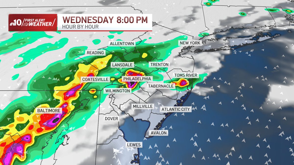 rjohnsontv's tweet image. .@NBCPhiladelphia's First Alert to severe storms is in effect for our whole region from 5pm tonight (7/9) until midnight. Damaging winds & flash flooding are the primary concerns. Though the intensity is too strong, here's an idea of what the radar may look like tonight.