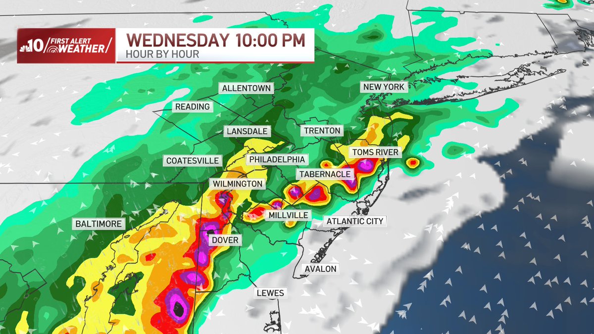 rjohnsontv's tweet image. .@NBCPhiladelphia's First Alert to severe storms is in effect for our whole region from 5pm tonight (7/9) until midnight. Damaging winds & flash flooding are the primary concerns. Though the intensity is too strong, here's an idea of what the radar may look like tonight.