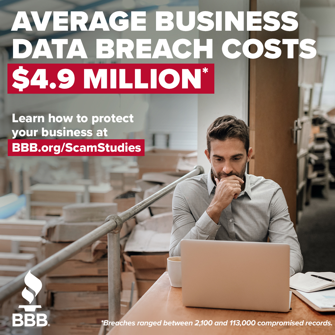 The average business data breach costs $4.9M 😳
Scammers are getting bolder, but you can get smarter.

Learn how to spot red flags, avoid losses, and protect your business at:
👉 BBB.org/ScamStudies

#BBB #BBBScamTracker