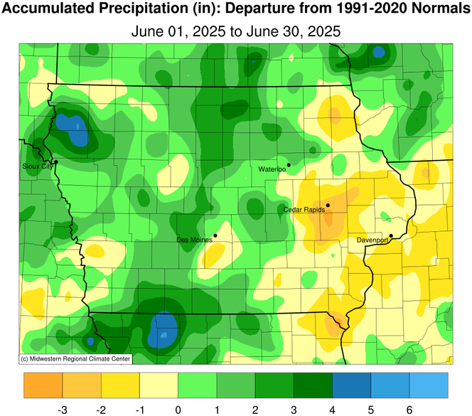 JustinMGlisan's tweet photo. June 2025 Precipitation Summary: #Iowa's average precip. was 5.89”, 0.63” above normal. This ranks as the 37th wettest on record; Jun. is the climatological wettest month of the year. Moderate drought (D1) covers 5% of #IA, down 8% from May. (2/2) #IowaClimate #IowaAg #grow25 https://t.co/qRx2t8kPOf