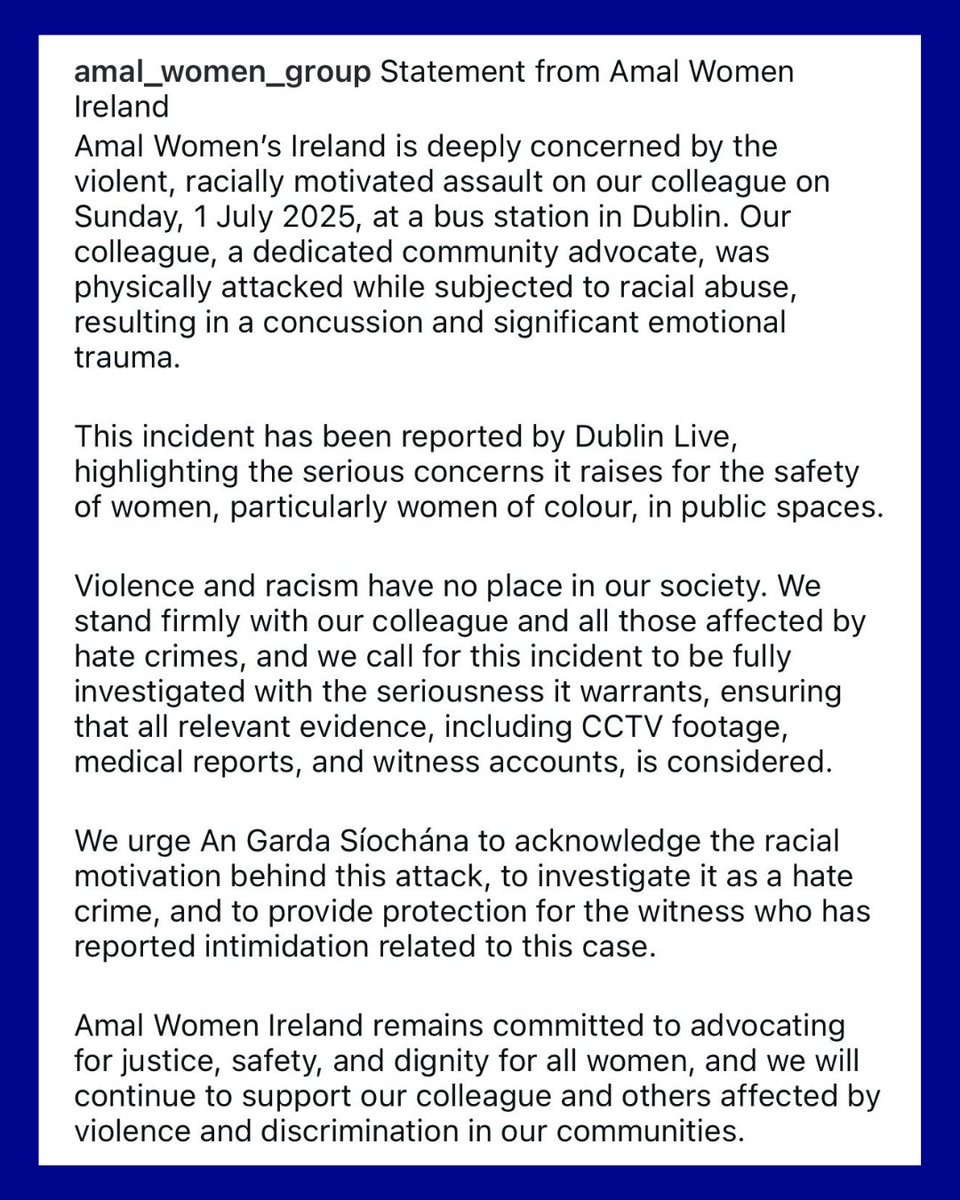 The Immigrant Council stands in solidarity with <a href="/AmalIRL/">AmalWomenAssociation</a>  and their colleague who was the target of a racially motivated assault last weekend.

Racism has no place in Irish society. We will continue our work to combat all forms of racism.